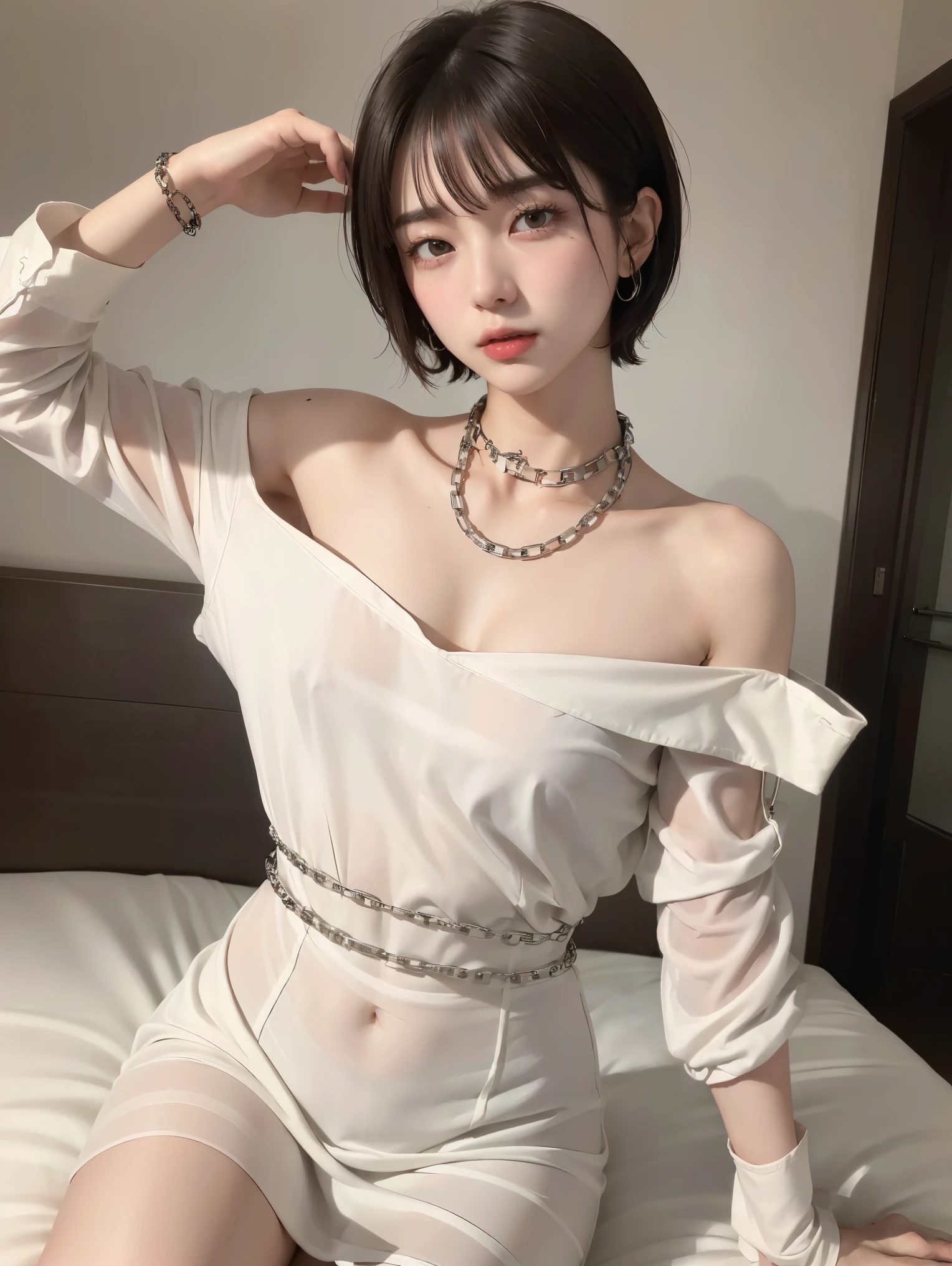 (Androgynous beautiful man:1.3)、(Bob Hair)、(best quality:1.4)、(masterpiece:1.4)、((masterpiece))、 RAW photos 、8k、((best image quality))、 ((high resolution))、brown hair、(Thick chain collar:1.3)、White Party Dress、Long dress、Off Shoulder、sexual excitement、sexual feelings、Sex Appeal、bed、(Teaching beautiful boy about female sexuality)