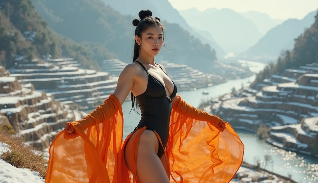 hyper-maximalism, ultra detailed photorealistic, dramatic art. go ku (anime dragon ball). berdiri melayang diatas awan. dibawah terlihat kota. Zack Snyder's visual style, ultra photorealistic natural intricate skin textures, slight imperfection, final render, vray.