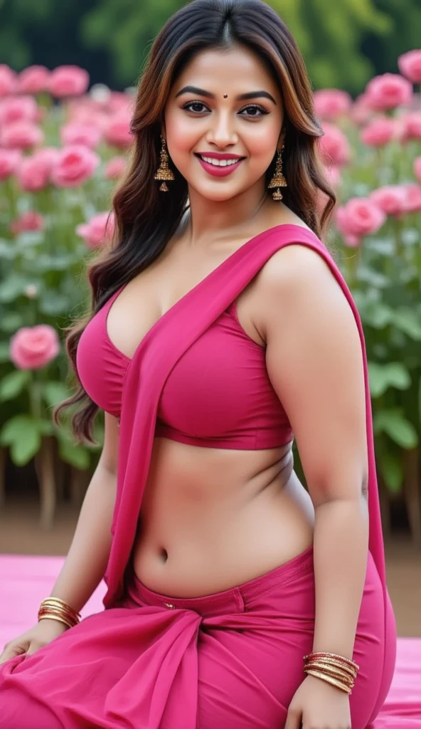 (impressionist masterpiece oil painting depicting solo closeup) of an alluring sexy curvy  Indian princess Sonali Bendre, in a sunny garden, cleavage, navel, wearing beautiful printed bralette & skirt. 50's fashion, long brown wavy hair with highlights,, vivacious, lustful glance, exhilarated (beautiful detailed eyes:1.1) , (passionate expression:1.2)  intense dramatic lighting, falling leaves and flowers bokeh, backlit, light rays, highly detailed, trending on artstation, paint splashes, rich colour,  falling leaves & flowers all around,(perfect wavy hairstyles), abstract portrait, by Atey Ghailan