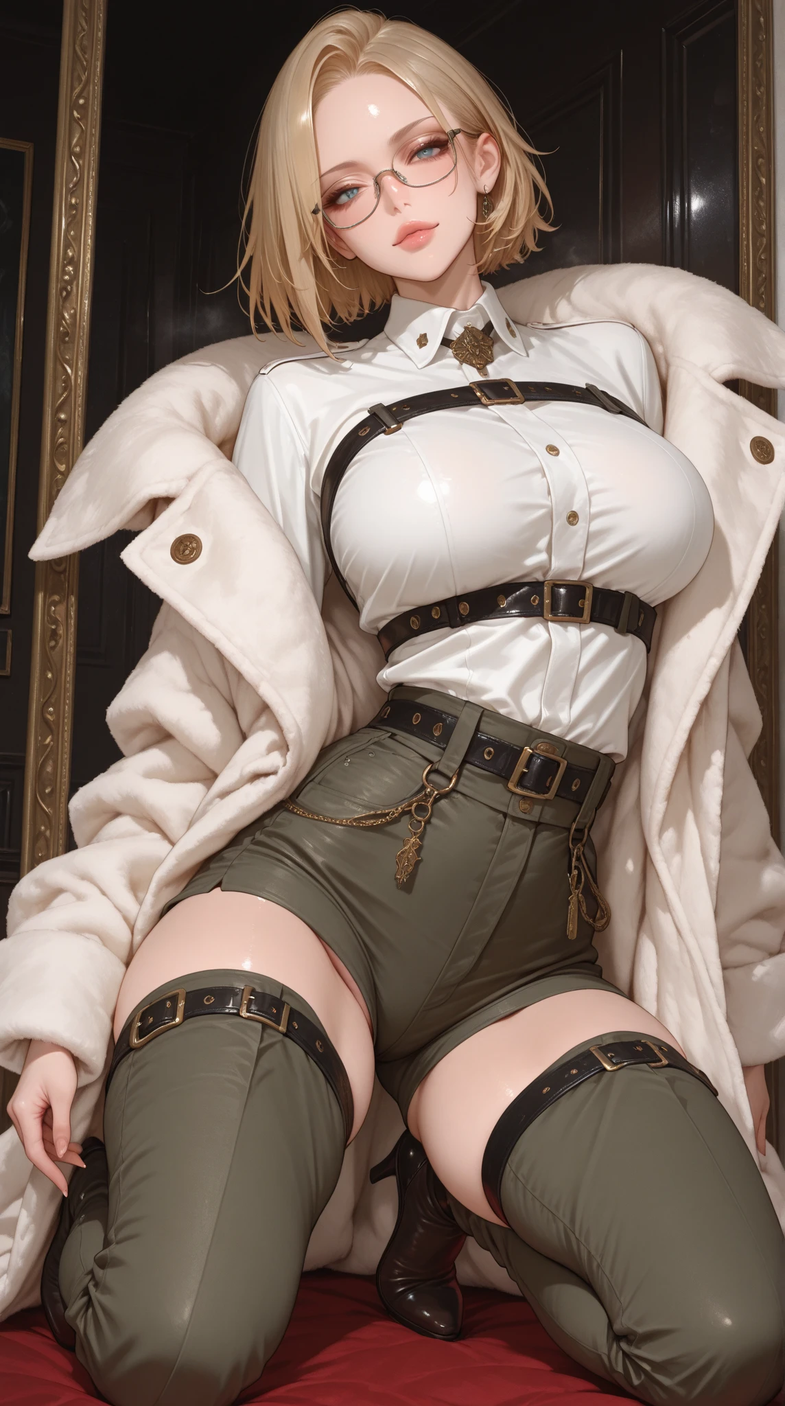 (surreal), (figure), (High resolution), (8K), (very detailed), (best figure), (beautiful and fine eyes), (highest quality), (super detailed), (masterpiece), ( wallpaper), (detailed face), alone, 1 girl, wavy blonde hair, unusual eyes, small mole under the eye, Loose white shirt, big breasts, long legs, toned abdominal muscles, camel toe, dynamic pose 、(Black leather tight skirt), (red thong, red tanga,red G-strings), big necklace、(blush:1.4)、(pointed nipples)、