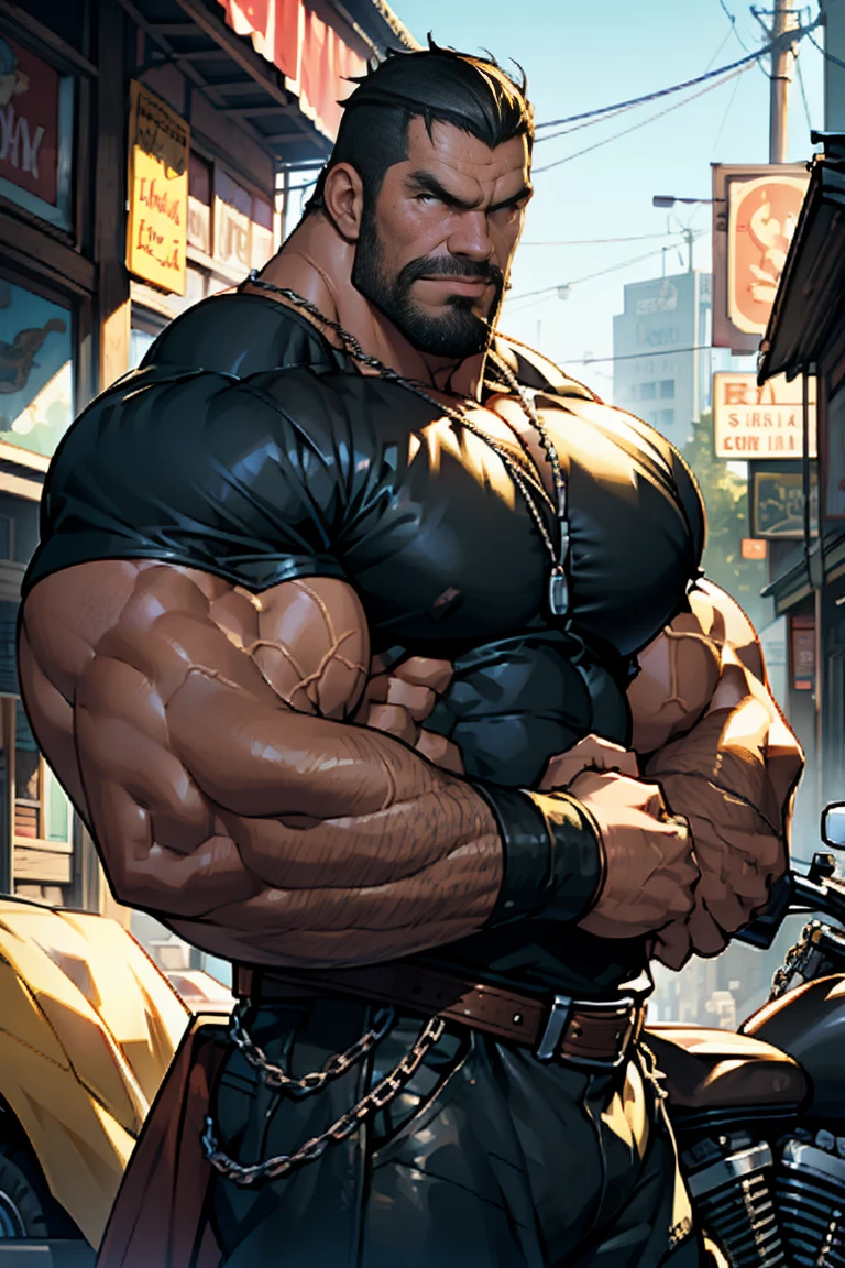 (best quality, high quality) Bara,1boy, abs, bara, beard, , black hair , bulge, chest hair, covered abs, covered nipples, cowboy shot, facial hair, forked eyebrows, formal, hairy, large pectorals, male focus, mature male, muscular, muscular male, nipples, pants, partially unbuttoned, pectoral cleavage, pectoral, pectorals, short hair, sideburns, sleeves rolled up, solo, stubble, taut clothes, taut shirt, thick eyebrows, thick thighs, thighs, tight, tight pants, tight shirt, undercut, white shirt