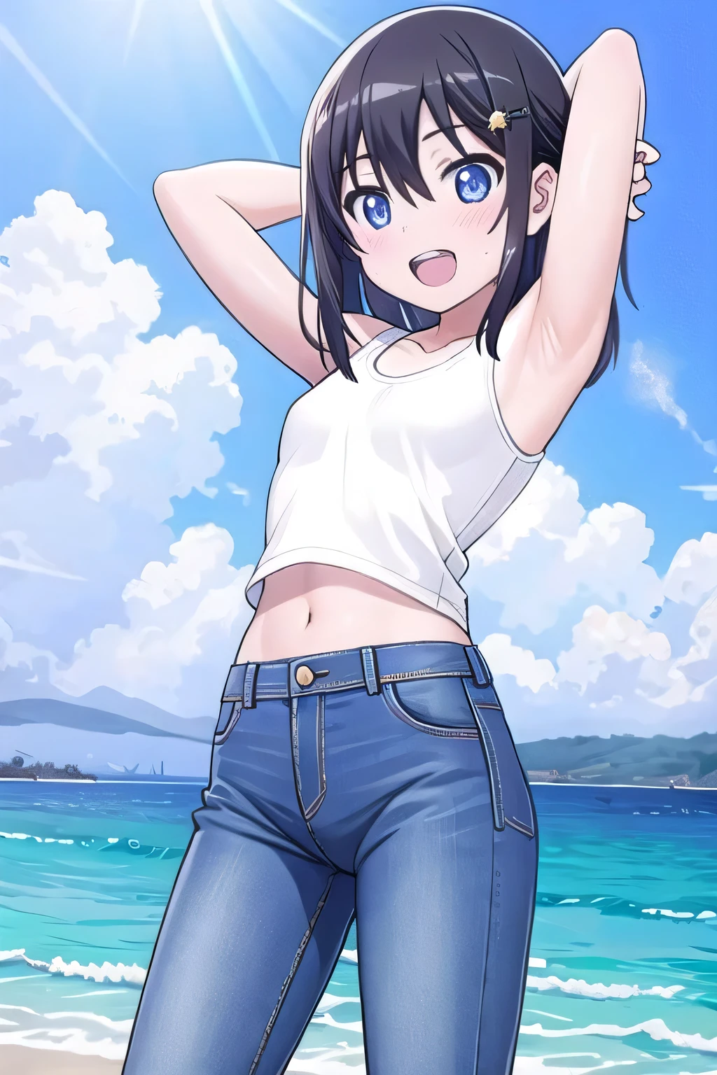 masterpiece, best quality, ultra detail, ((Perfect Face, perfect eyes, perfect hair, perfect arm)), 1girl, , petite, ((round face, ecstasy, orgasm face, drooping eyes, shame smiling, blush)), dropping eyes, sleepy, Open mouth, ((White teeth)), background((under the beach, (day:1.2), ocean, bright sky)), kanzaki tomoyo, (blue eyes:1.2), (black hair:1.2), crossed bangs, hair between eyes, hair ornament, (medium hair:1.9), (straight hair:1.7), ((arms behind head:1.4)), ((contrapposto)), spread armpits, looking at viewer, (white tank top:1.2), (white crop top:1.2), (jeans pants:1.2, flares jeans:1.2, skinny jeans:1.2, blue jeans:1.2), standing, (legs spread:1.4), sexy pose, Sweaty crotch, Steam from the crotch, from below, whole body