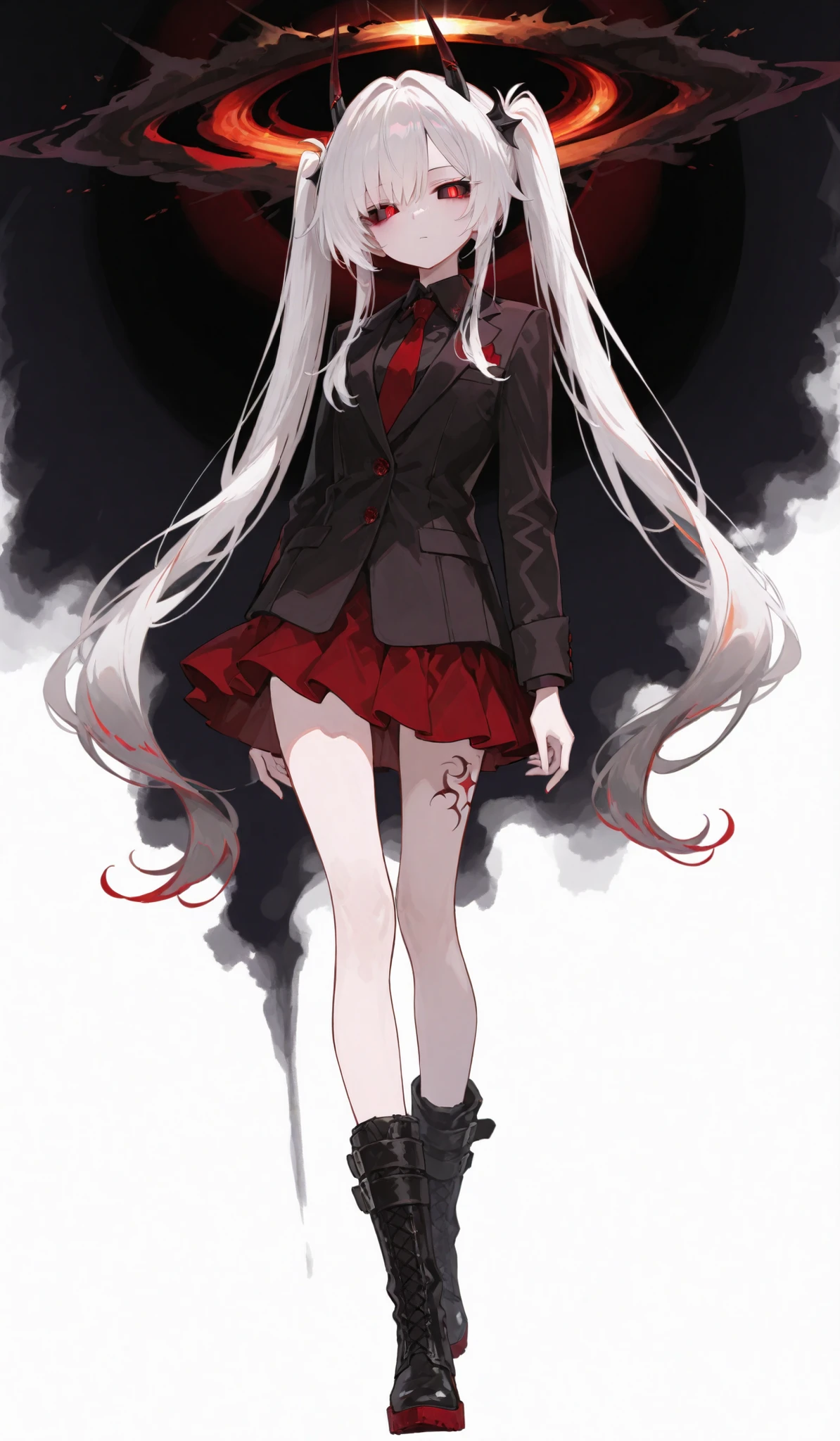 one girl, Twintails, White hair, devil horns, slim body, black sclera Red eyes, skirt, Suit, Tattoo, Black hole background seen behind, Character Design, Full body view, boots, white background