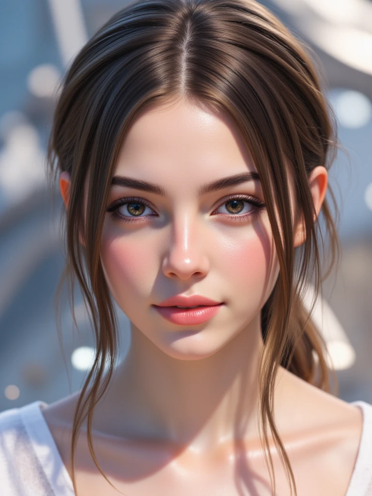 obra-prima, melhor qualidade, trabalho de rending 3d, estilo 3DMM, close-up, retrato, 3D, Jennifer Lopes, solo, cabelo castanho, colar de corda, olhando para o lado, realista, parte superior do corpo, fundo simples, franja, olhando para longe, cabelo preto longo, separated-lips, maquiagem, cabelo encaracolado castanho longo, olhos verdes, lingerie rosa, decote, aerith gainsborough, aerith