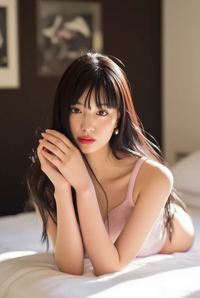 (8k, RAW photo, highest quality, masterpiece: 1.2), Super detailed, super resolution, (genuine, genuine photos: 1.37), portrait, High-definition RAW color photo, professional photos, very detailed and beautiful, very detailed, 8k wallpaper, highest quality, table top, ultra high resolution, (Photoreal: 1.4), Front view, Half body, famous japanese actress, revealing clothing, very beautiful woman, cute, Cinematic 35mm lens, f/1 .8, Beautiful double eyes with equal left and right sides, 上Half bodyショット,intoxicating atmosphere,Beds in luxury hotel rooms