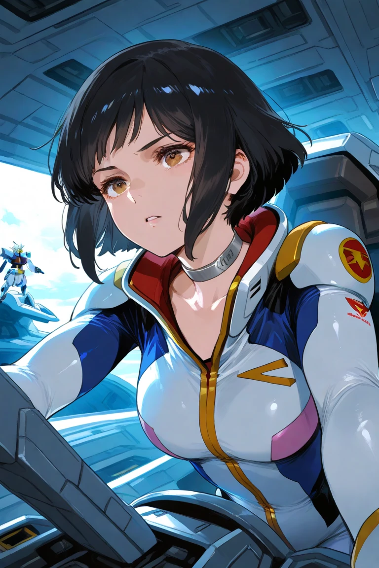Posing in front of a colorful and dynamic background. Realistic, 8k, masterpiece, RAW Photos, Highest quality, Realistic, Highly detailed CG Unity 8k wallpaper, Written boundary depth, Cinematic Light, Lens flare, Ray Tracing, Perfect lighting,short hair, (Delicate skin), (Delicate face), (Pop Background :1.1), Person standing and watching、Comical movement,Gundam,Mecha,(Yellow background),Modern Style,artistic,mobile composition,Unique Pattern,Bold Texture,colorful,Imaginative,Whimsical,Vibrant,like々Shii,Playful,Vibrant,creative,Expressive,stylish,tendency、