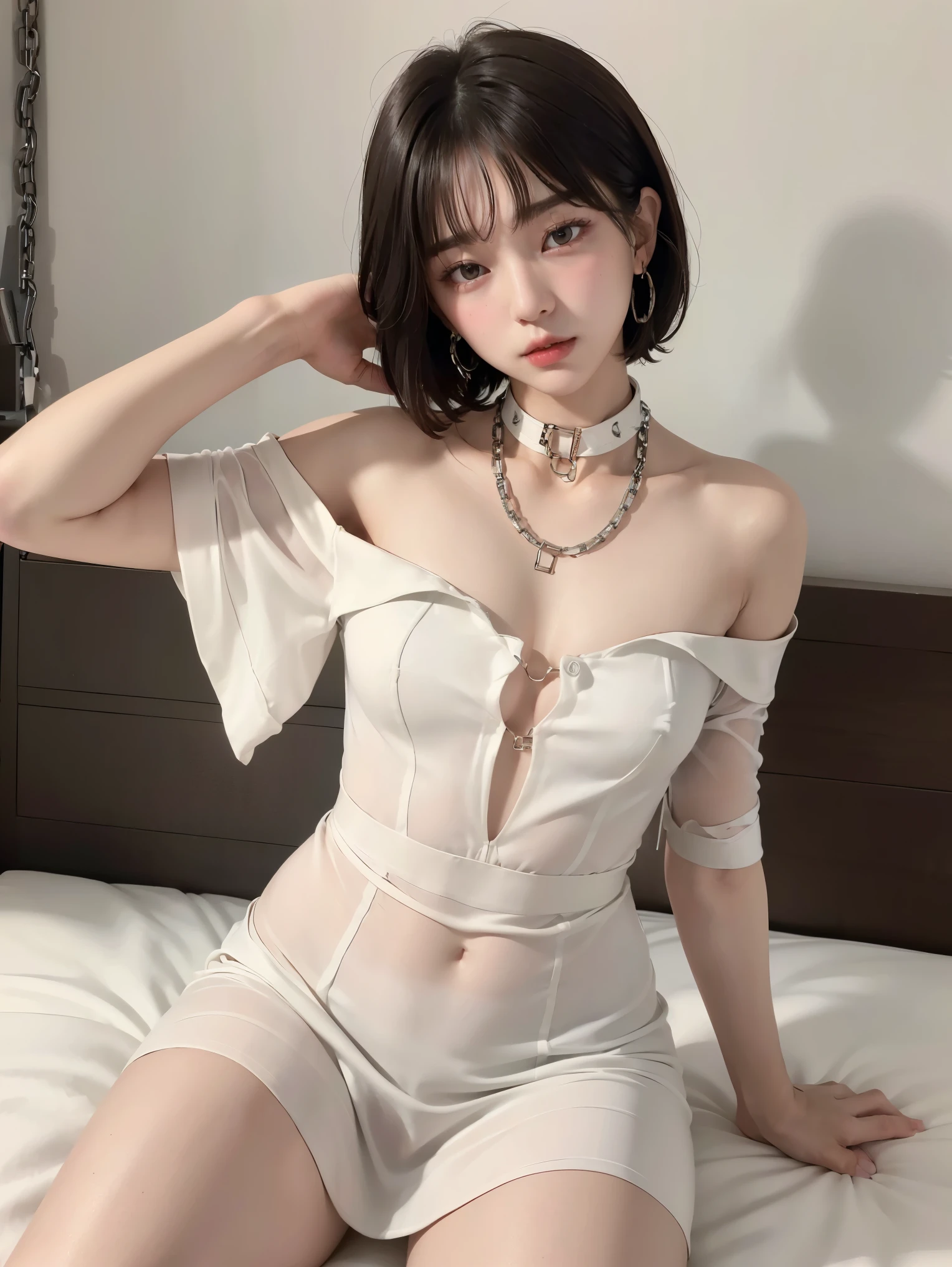 (Androgynous beautiful man:1.3)、(Bob Hair)、(best quality:1.4)、(masterpiece:1.4)、((masterpiece))、 RAW photos 、8k、((best image quality))、 ((high resolution))、brown hair、(Thick chain collar:1.3)、White Party Dress、Long dress、Off Shoulder、sexual excitement、sexual feelings、Sex Appeal、bed、(Teaching beautiful boy about female sexuality)、