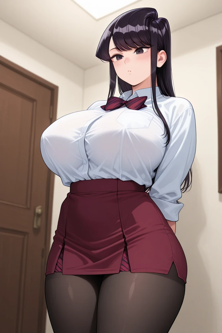 Yazawa nico, twintails, red eyes, humiliated expression,small breasts, micro pencil skirt, police shirt,open shirt, sweating, thighs,thicc, curvy body, white gloves, police cap, standing,cum on breasts