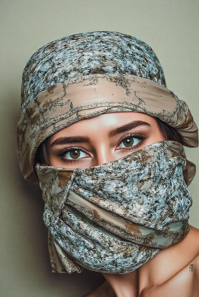 a women in a leopard print niqab, eyeliner, <lora:unobjectified_women:1>