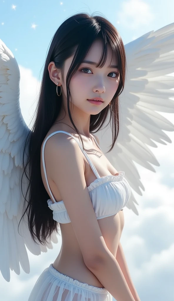 (RAW Photos:1.2), (Realistic), Beautiful detailed girl, Very detailed eyes and face, Beautiful and detailed, Large file size, High resolution, Very detailed, Highest quality, [Tabletop:1.6], shape, Very detailed, The finer details, Highest quality, 8k wallpaper, Cinema Lighting,Three 15-year-old high school girls, In underwear, The high school girl who became an angel, Torn uniform, Above the Cloudsの世界で生活, Angel Wings, Above the Clouds, Torn uniformのシャツから白いブラジャーが見える,Her white panties are visible through her torn skirt., Calm expression, Slender body, Young Face, Immature body, Underwear exposed, ((Detailed eyes and face:1.2, Professional photography techniques))