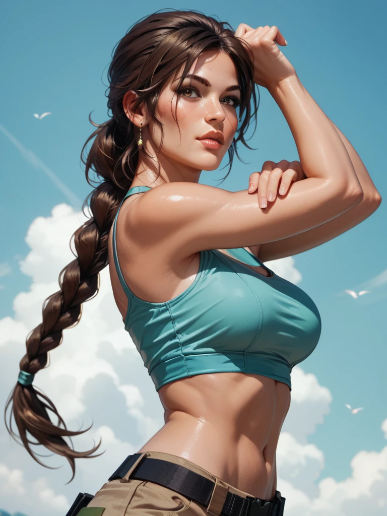 depth of field, cinematic lighting, motion blur, chromatic aberration, ray tracing, anime, 8k, super detail, best quality, 1080P, HD, 4K, 16k. Anime Lara Croft from Tomb Raider, athletic, action shot, epic image