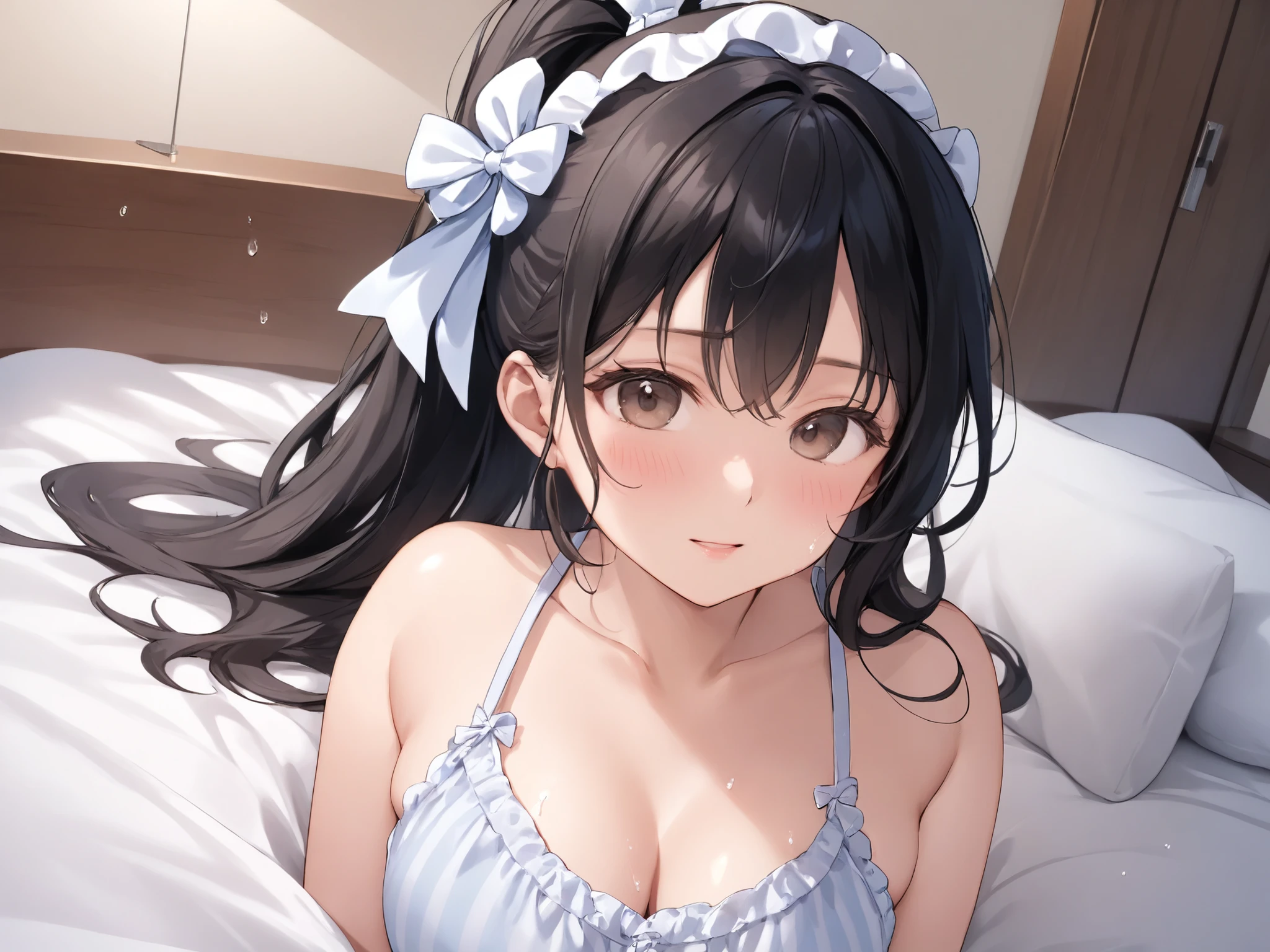 ((((masterpiece)))), high quality, very_high_resolution, large_filesize, full color,anatomically correct , beautiful face , fully completed , 非常に詳細なbeautiful faceと目 , charming face , detailed face , delicate facial appearance , detailed skin from sleeve to chest , Big Breasts ,(((Mature Woman , camisole , of motherhood))) , sexy , embarrassing ,Western-style room、interior ,bedroom、sleeping、 sleeping、sleepwear、Japanese、black hair、long hair、Wave Air、ponytail、white giant ribbon、,excessive cum,cum on clothes,cum on head,cum on body, com on face, Facial, bukkake、,((excessive cum,cum on clothes)),cum on head,cum on body, com on face, Facial, bukkake、