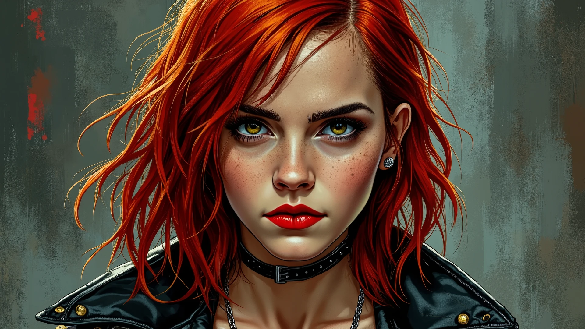 A highly detailed comic book style illustration of a skinny young petite naive looking girl portrayed by a young Hayley Williams with vibrant fiery red hair that frames her face in a bold dramatic fashion in an art style inspired by Frank Miller and Conan the Barbarian. Her expression is intense and unflinching, with piercing green eyes that seem to draw the viewer in. The character's complexion has a hint of freckles adding depth and character to her features. Her full, red lips and sharply angled brows contribute to an overall aura of raw, unrefined beauty. She is wearing an edgy, punk-inspired outfit that complements the moody, atmospheric background. The overall color palette is dominated by deep, rich tones of charcoal grey and fiery reds, lending a sense of depth and intensity to the image. The background is in textured brushstrokes which add to the gritty, urban feel of the scene. The level of detail and the emotive, expressive quality of the character's face and overall appearance result in a visually striking and captivating portrait. The image evokes a sense of power, mystery, and a touch of the rebellious, making the subject a compelling and multifaceted figure.