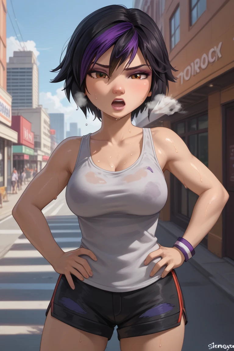 a beautiful young Japanese female streetfighter is in the back street. she was defeated. she lost. she was knocked out. she is in strong ecstasy. Orgasm. Short-cut black hair, out of breath, drooling from mouth, screaming, exhausted, drenched in sweat. Muscularity. Six-pack abs. Erect nipples.
