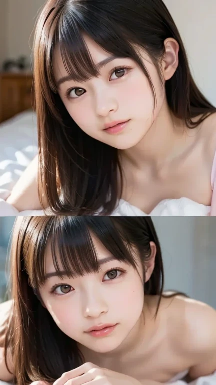 NSFW, (masterpiece, Highest quality:1.2), 8K, Young and beautiful girl, 85mm,Official AR RAW Photos, (Baby Face), ((Small face)), ((Big Breasts)), ((Full nudity)), Detailed nipples, (((Lying on the bed))), Show me your ears、photo shoot, Cute face, Thighs, Looking at the audience, Embarrassing、smile、 makeup, Film Grain, chromatic aberration, Sharp focus, Face Light, Bright lighting, 10 generations, Detailed face, Background blur、((((((14 year old high school girl))))))、Narrow waist, Sleeping on the bed, Spread your legs in an M shape, ((Detailed pubic hair)), ((Sexy pose)), ((Short Bob))