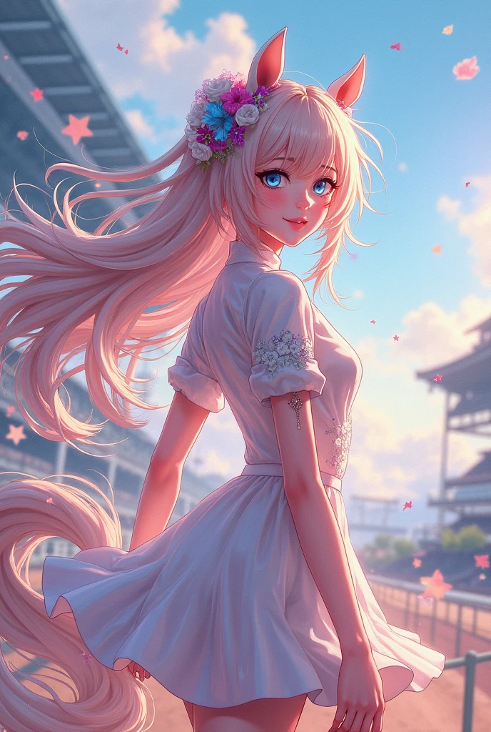 (masterpiece:1.2), (ultra quality:1.2), (depth ffield, bokeh, UHD, HDR, highres, ultra detailed, intricate details, textural effects, absurdres, 8k:1.2), (sharp face, large eyes large pupil, sharp eyelid, eyeliner, eyelashes, thick eyelashes, long eyelashes, extremely detailed eyes and face), (curvaceous figure), (shiny skin, shiny body, pearl skin), (perfect anatomy), <lyco:epi_noiseoffset2:1.0>, 

<lyco:ちぃ:1.0>, chii, blue dress, frills, bare shoulders, blonde hair, long hair, brown eyes, smile, pink and white robot ears, pink and white hair tubes, upper body, ambient occlusion, 1girl, looking at viewer, happy smile, sitting, background, city, escape, night sky, stars, cloud, shooting star, (colorful),