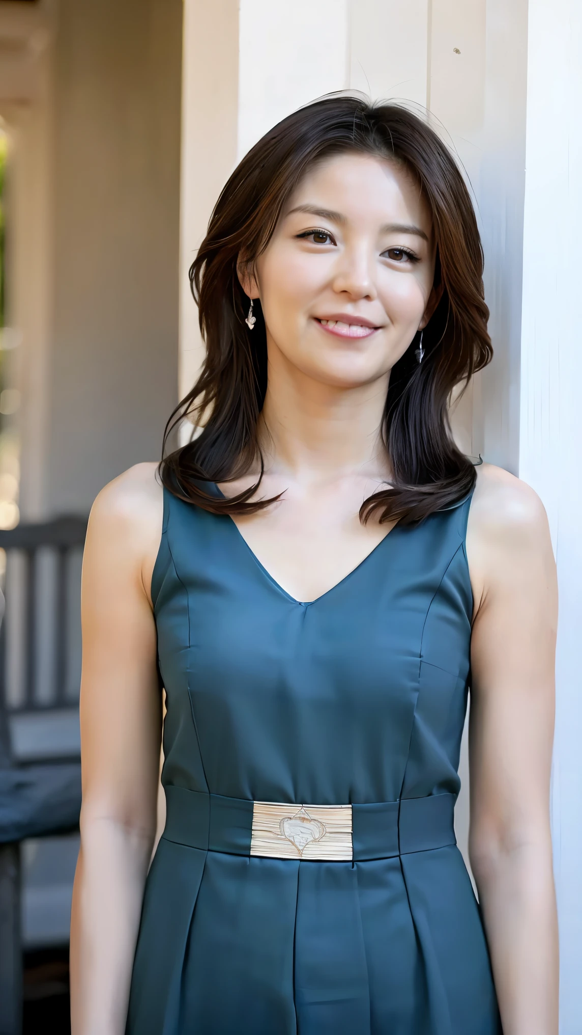 ((best quality、8k、masterpiece:1.3))、realistic, sharp concentration in nude clothes, high resolution, high resolution, portraits, 1 person、Japanese、female, beautiful female, ((( V Neck Sleeveless Casual Dress)))、30 years old, An attractive person, medium long hair,smile