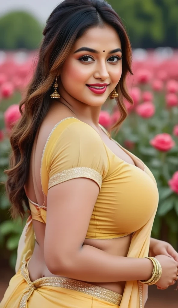Outdoor image of 21yo  in school school photo in school masterpiece, (photorealistic:1.7), best quality, beautiful lighting, Eleanor Latino Woman 20yo Old Big Breasts Plus Size Model random colour beautiful eyes extremely high Bun long extreme curly hair Lifts wearing Indian flowers ethnic enegance princess salwar kameez. Flowers on hair (closeup view)