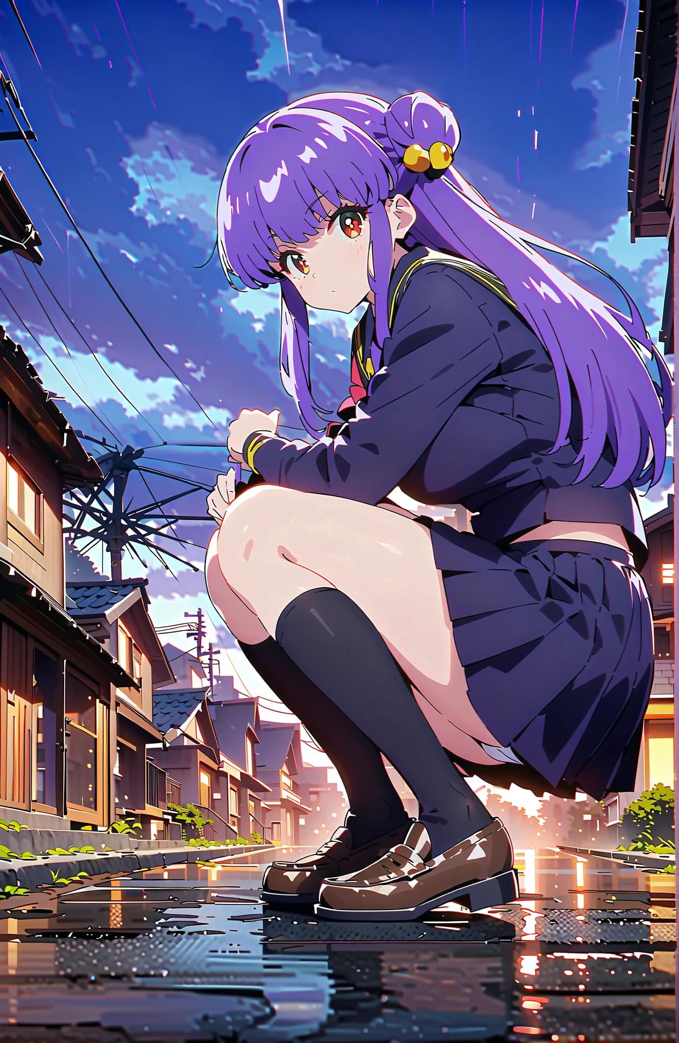 score_9, score_8_up, score_7_up, source_anime, shampoo, shampoo (Ranma 1/2), long hair, hair ornament seen from the side, Red Eyes, purple hair, hair bun, double bang, Medium breast, Black Sailor Suit, black mini pleated skirt ,Black thigh high socks,loafers,white panties,squatting,umbrella,angle from below,rain,cloudy,full bodyがillustrationsに入るように,in their 40s outdoors, residential area,
in their 40s looking at viewer,full body,
in their 40s (masterpiece:1.2), best quality, high resolution, Unity 8k 壁紙, (illustrations:0.8), (beautiful detailed eyes:1.6), highly detailed face, perfect lighting on the table, extremely detailed CG, (perfect hand, perfect anatomy),