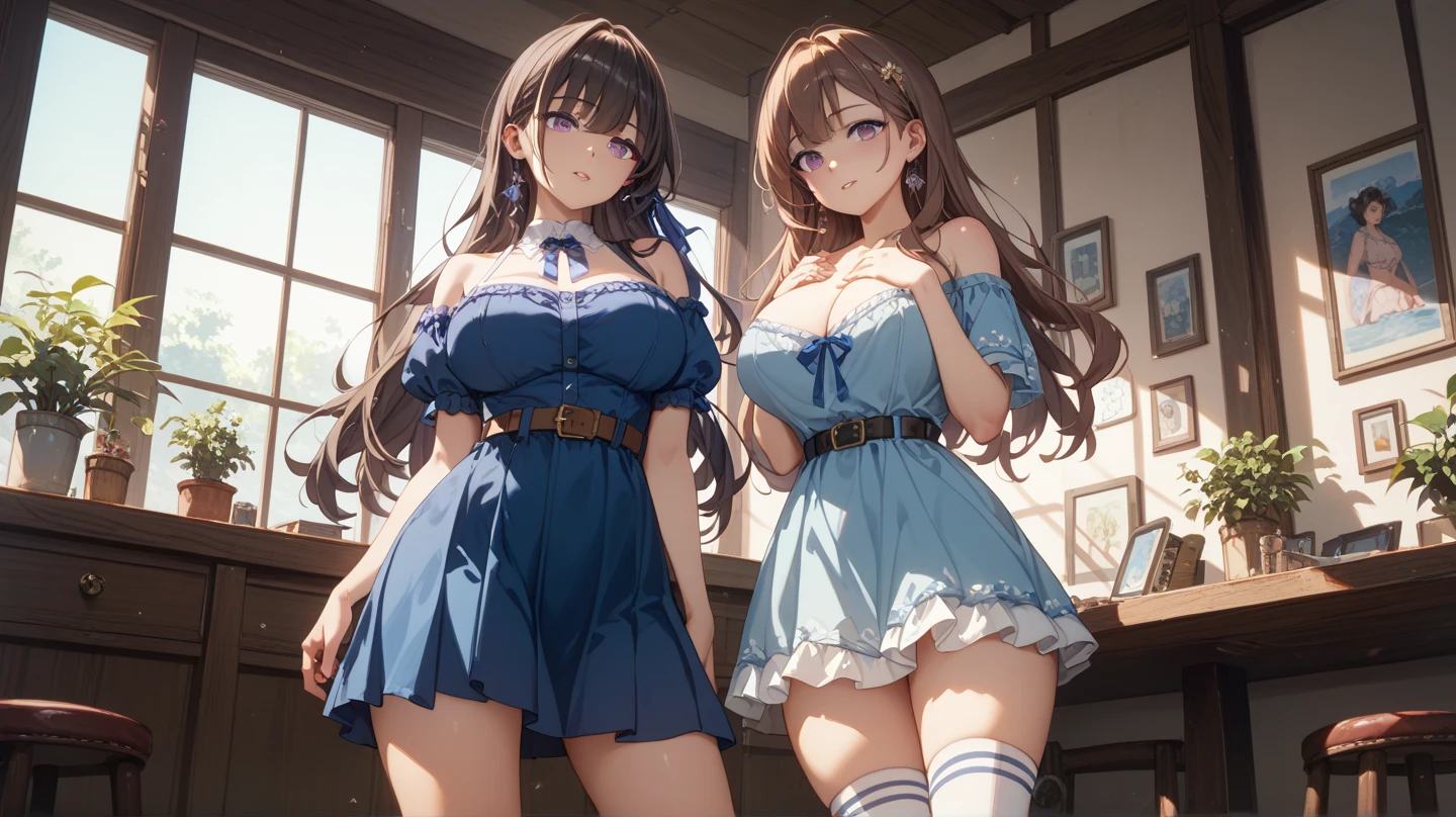 ((top quality, 8k, masterpiece: 1.3)), close-up of a group of girls in blue and white costumes, CGSTATION, big, Sakimi-chan, Cute Core, Japan girl idol, young gravure idol, trending at CGSTATION, e-girl, e-girl, sexy-s 100, The Idolmaster, young pretty gravure idol, sharp focus: 1.2, Beautiful woman in perfect style: 1.4, slender abs: 1.2, ((dark brown hair, big: 1.2)), (natural light, city street: 1.1), highly detailed face and skin texture, detailed eyes, double eyelids, tank top, shorts, full body, (cleavage ((busty)), shoulders, absolute area (1.3), --auto --s2