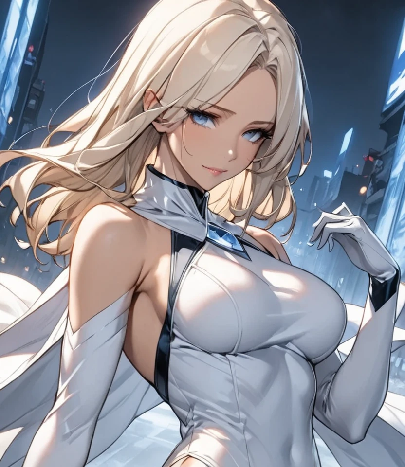 (masterpiece, 4K resolution, Ultra-realistic, Very detailed), (White costume superhero theme, Charismatic, Girl on top of the city, Wearing a white Spiderman costume, Super Heroine), [((23 years old), (Long white hair:1.2), whole body, (blue eyes:1.2), (Spiderman&#39;s Dynamic Pose) ((shortage々New urban environment):0.8)| (Cityscape, at night, Dynamic Light), (full moon))]