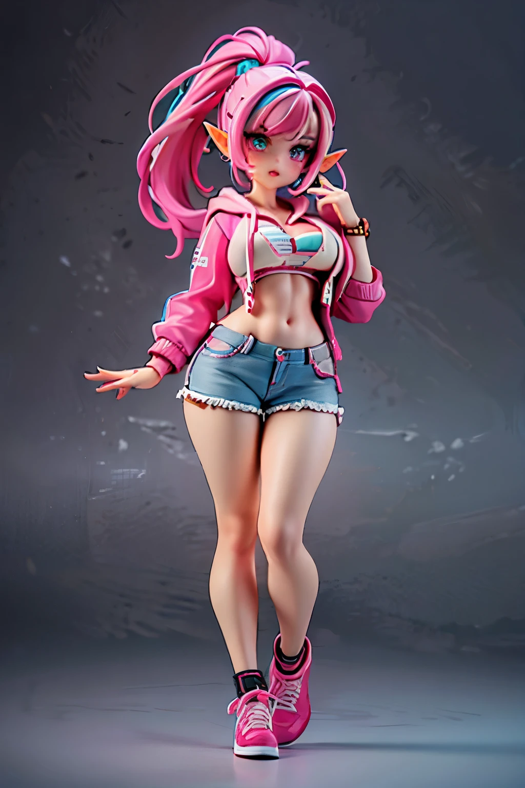 1 girl,elf,(((full body:1.3))),colorful hair、high ponytail hair, detailed face,Beautiful Faces,cute and big eyes,detailed eyes,Beautiful pupils,pink eyes,blush,plump thick lips,Rouge,night , dynamic pose, ((gigantic breast,cleavage)),(denim shorts, pink short hoodie), solo, cityscape, , unity 8k 壁紙, Super Detail, beautiful and aesthetic, masterpiece,best quality, high resolution, high color saturation,
neon,Cyberpunk AI