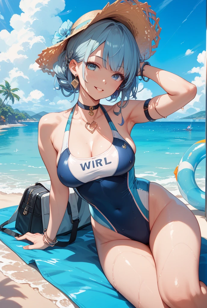 (NSFW:1.2), (8K, Raw photography, Top image quality, A masterpice: 1.4), super highly detailed, (Realstic, photorealestic: 1.48), 1girls, Solo Focus, type moon style, Kyoto Animation Style, short-length hair, (blue hairs:1.7), Blunt bangs, Hair Between Eyes, Clear eyes, side locks, White hair, Shiny hair, beautiful detailed cold face, Seductive smile, Angry, complex details beautiful and delicate eyes, bare_shoulders, Small_Breasts, Gray eyes, White skin, Hair Ornament, (((T-shirt))), swim ring, swimsuit, beautiful bare back, Sandals, Skindentation, collar bone, bare_Legs, beach, Beautiful detailed sky, White sand, tree, very precise details, absurdist, Extremely detailed, 16k wallpaper,remrezero