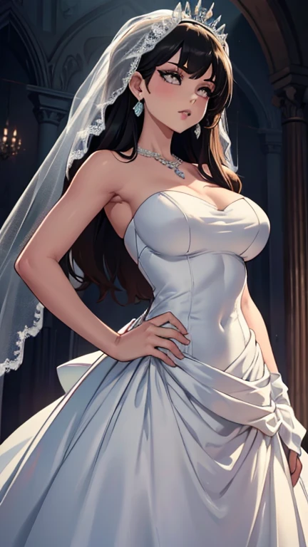 Pose: 1girl, masterpiece, highres, sonicedges_rias_gremory standing with one hand on her hip, the other arm hanging loosely or playing with her hair.
Expression: Soft, confident smile with eyes looking into the camera.
Attire: Elegant ((wedding dress, bridal veil, wedding, bouquet))that complements the glamorous setting.
Hair: Styled to cascade over one shoulder, with light waves.
Makeup: Subtle yet elegant, with emphasis on the eyes and lips.
Background: A softly blurred wedding church.
Lighting: Warm, soft lighting that highlights the woman's features and adds a glow to her skin.
Accessories: Minimal, such as a pair of delicate earrings or a simple necklace.
Mood: Elegant, confident, and slightly mysterious.