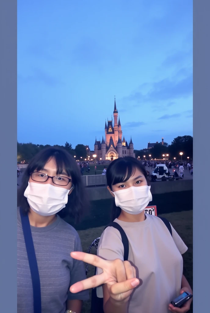 8K quality、Highest quality、Realistic, Image of a male and female couple、Disneyland in the background、Angle from behind、The neon lights are beautiful、Arms crossed、Stylish clothes、The man has fluorescent writing on the back of his clothes.、The word NORIO printed on the bag of the men's jacket、The word ASAMI is printed on the back of the woman's jacket.、British punk rock style、Make the text on the back stand out、(((((Male and female couple)))))