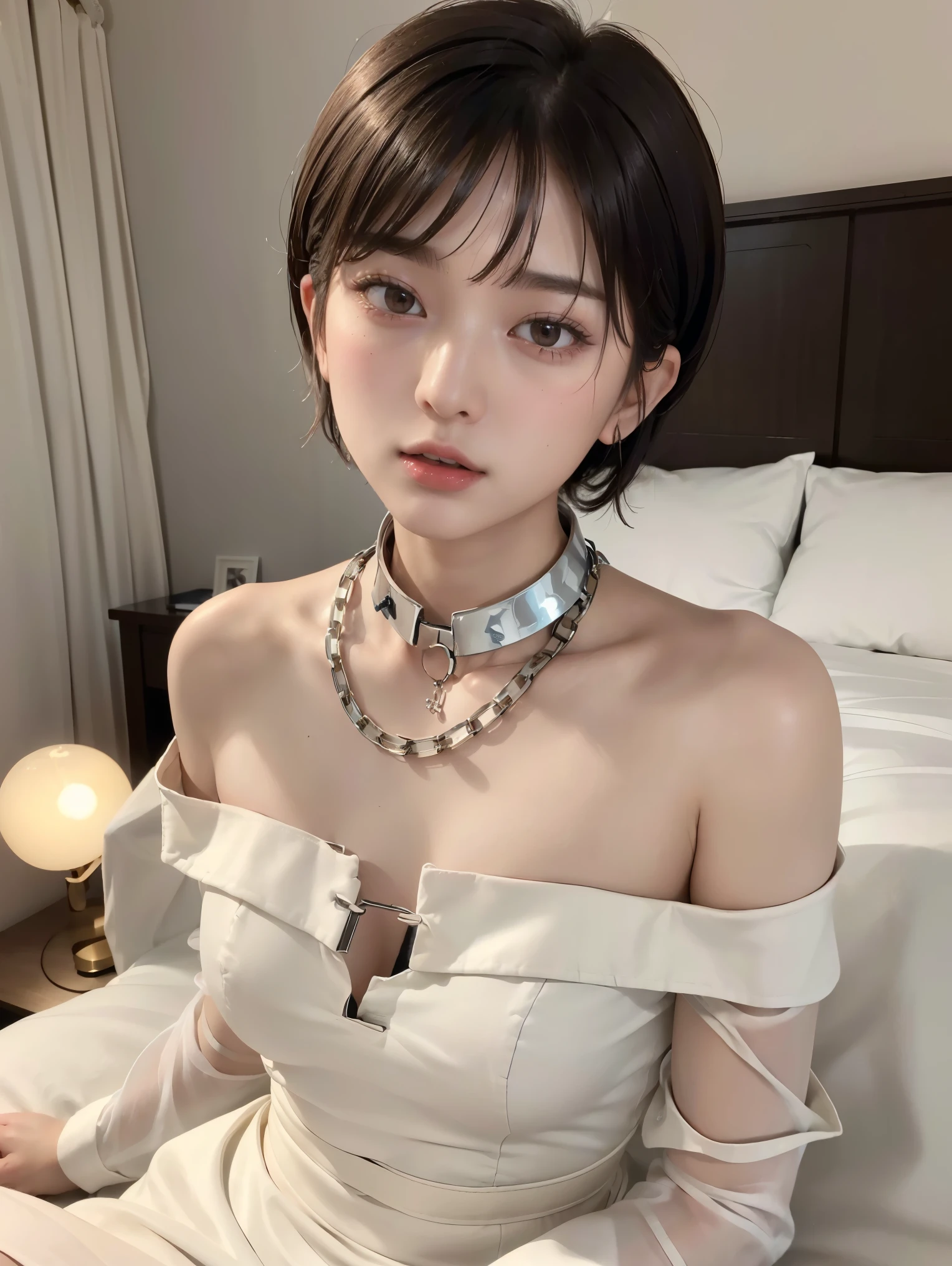 (Androgynous beautiful man:1.3)、(Bob Hair)、(best quality:1.4)、(masterpiece:1.4)、((masterpiece))、 RAW photos 、8k、((best image quality))、 ((high resolution))、brown hair、(Thick chain collar:1.3)、White Party Dress、Long dress、Off Shoulder、sexual excitement、sexual feelings、Sex Appeal、bed、(Teaching beautiful boy about female sexuality)、