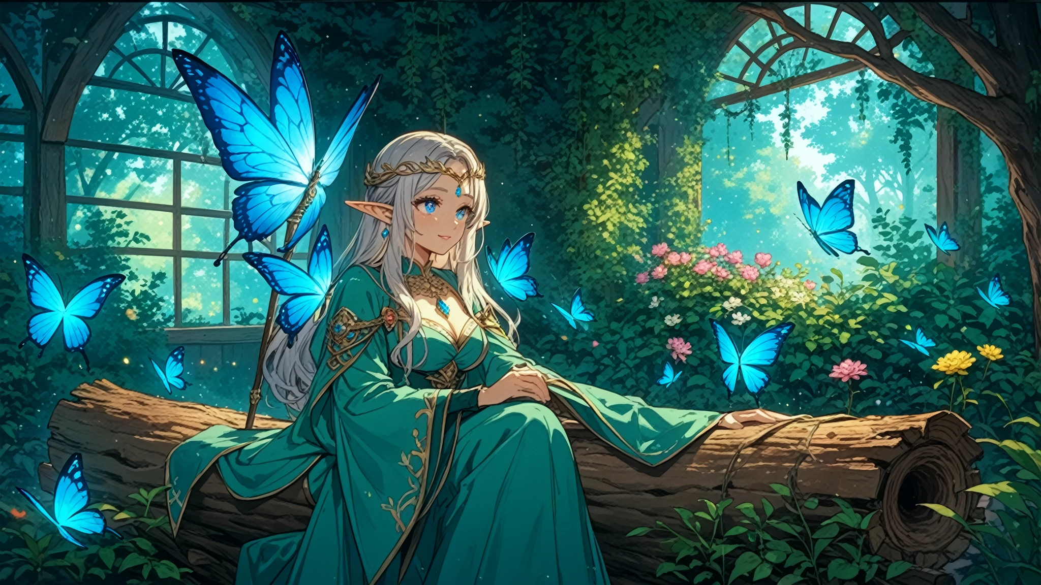 ((best quality)), ((masterpiece)), (detailed), highly detailed skin, ((ultra-detailed)), (sitting), sharp focus, HDR, 8K resolution, (illustration), (beautiful detailed eyes), (good hands), 1girl, fantasy, fairy tale, enchanted forest, (magical creatures:1.3), (ethereal atmosphere:1.4), (bright flowers:1.2), (mushrooms:1.1),
(moss:1.1), (butterfly:1.2), (brightness:1.3), (long hair:1.2), (flowing dress:1.3), (forest animals:1.1), (detailed background:1.4), (fancy lighting:1.4), (extravagant sensation:1.3), (storybook style:1.2), [girl:enchanted forest:0.9], [magical creatures:extravagant sensation:0.8], [glow: bright flowers:0.7], [butterfly:mushrooms:0.6]