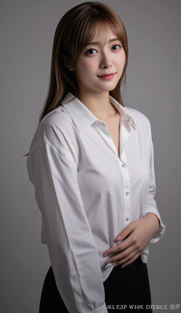 High-ranking women、grinning expression、wearing a white shirt、studio photography、inside the house、one woman、white button shirt、大きなwhite button shirt、various poses、gravure、Only sexy black panties underneath、shot from behind、long shirt with big buttons