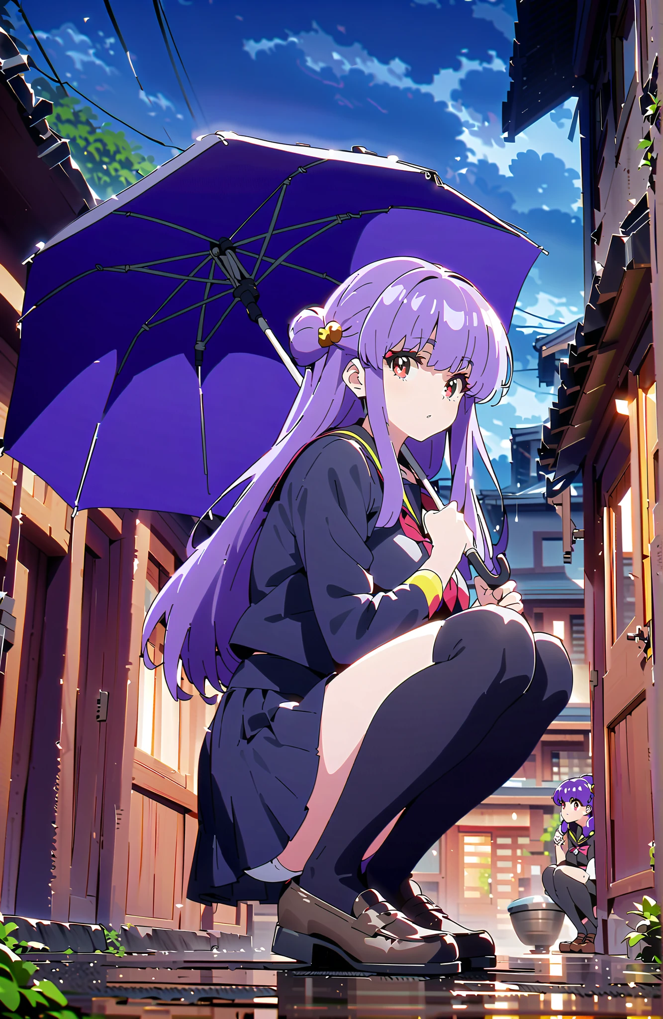 score_9, score_8_up, score_7_up, source_anime, shampoo, shampoo (Ranma 1/2), long hair, hair ornament seen from the side, Red Eyes, purple hair, hair bun, double bang, Medium breast, Black Sailor Suit, black mini pleated skirt ,Black thigh high socks,loafers,white panties,squatting,umbrella,angle from below,rain,cloudy,full bodyがillustrationsに入るように,in their 40s outdoors, residential area,
in their 40s looking at viewer,full body,
in their 40s (masterpiece:1.2), best quality, high resolution, Unity 8k 壁紙, (illustrations:0.8), (beautiful detailed eyes:1.6), highly detailed face, perfect lighting on the table, extremely detailed CG, (perfect hand, perfect anatomy),