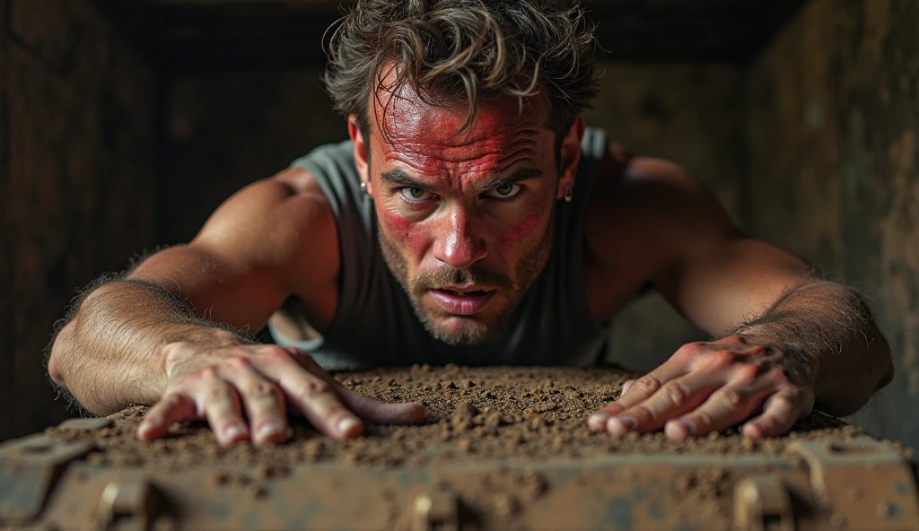 40-year-old fit, hairy man forced to do push-ups until exhaustion with a clothed person sitting on his back, You can see the tiredness on his face,sweat in drops and teeth pressed together by the effort. It should be seen with the arms semi-flexed
