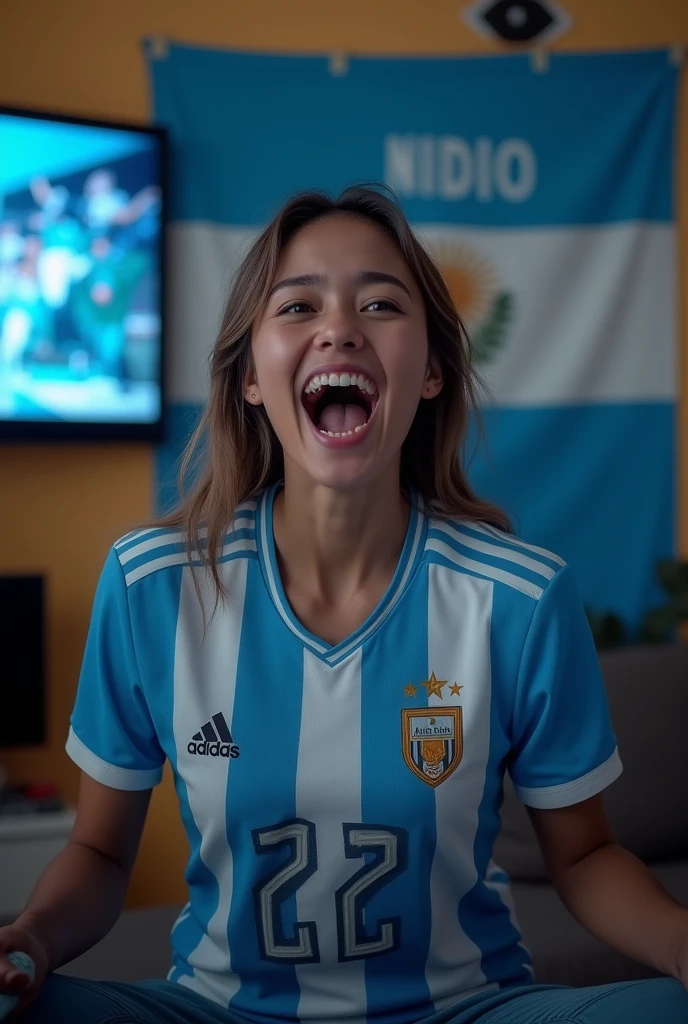 Kawaii drawing of a woman wearing the Colombia national team shirt watching a soccer game on TV with short brown hair with blonde tips on her back with the name Jenny on her back, please