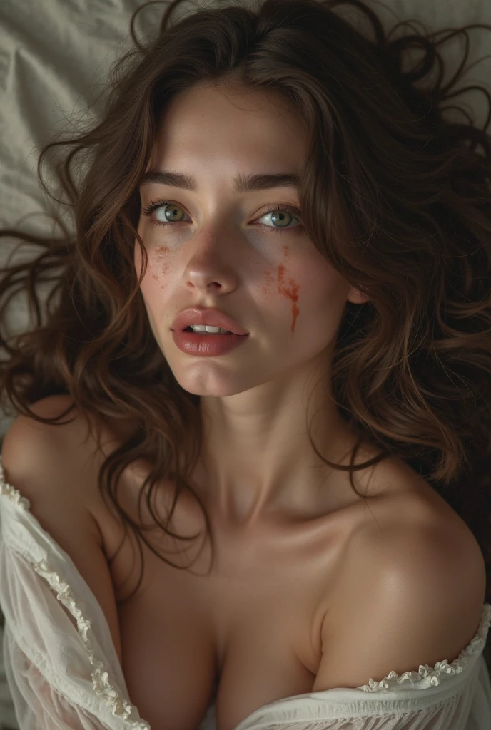 (photorealism:1.2), beautiful woman, sitting on bed, wearing loose off-shoulder top, pajama pants, long curly hair, mess with blood and seman