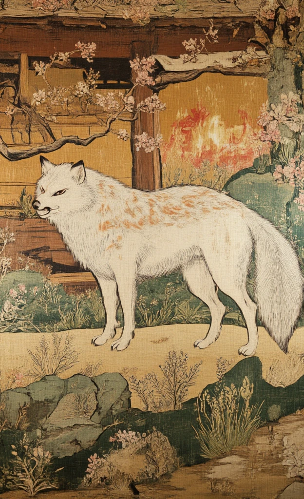 ((best quality)), ((masterpiece)), (detailed), A scene from the videogame Okami, painted by hand, storybook aesthetic, white wolf, beautiful nature, special effects, peaceful in nature, fire, epic scale, zoom out, cherry blossoms, the whole scroll can be seen hanging on the wall of a shrine,