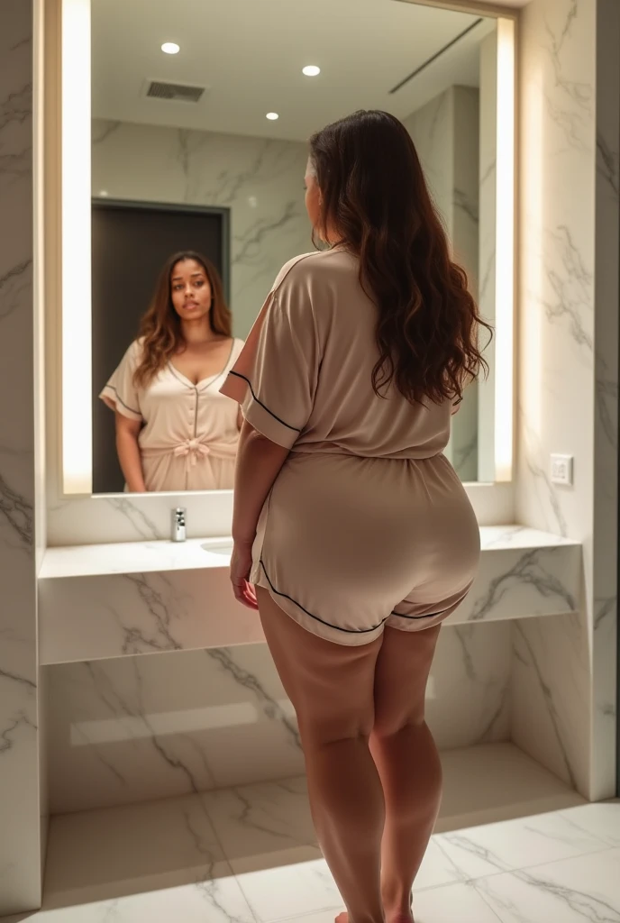 "A beautiful 24-year-old Caucasian woman with long black hair is standing in her modern bathroom. She is wearing a white bathrobe over black lingerie and her lightly tanned skin is highlighted by the soft white lighting of the bathroom. The bathroom features elegant "A Contemporary decor with clean lines, a large mirror and elegant accessories. The image should be very realistic, taken with a professional camera, capturing every detail, from the textures of your bathrobe and black lingerie to the polished surfaces of the bathroom, body thicc, PAWG, smilling face, black bikini. rear view