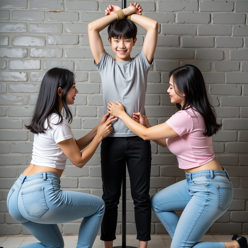Can you help generate a picture of a tall asian athelte model girl taller than a refridgerator. The girl should be comparing heights with it and she is dwarfting it. The picture should show that the girl is very tall and elegant (approximately 190cm or taller) and very proud of her height. The shorter boyfriend is standing next to her gazing up to her eyes. He should be approximately 160cm.