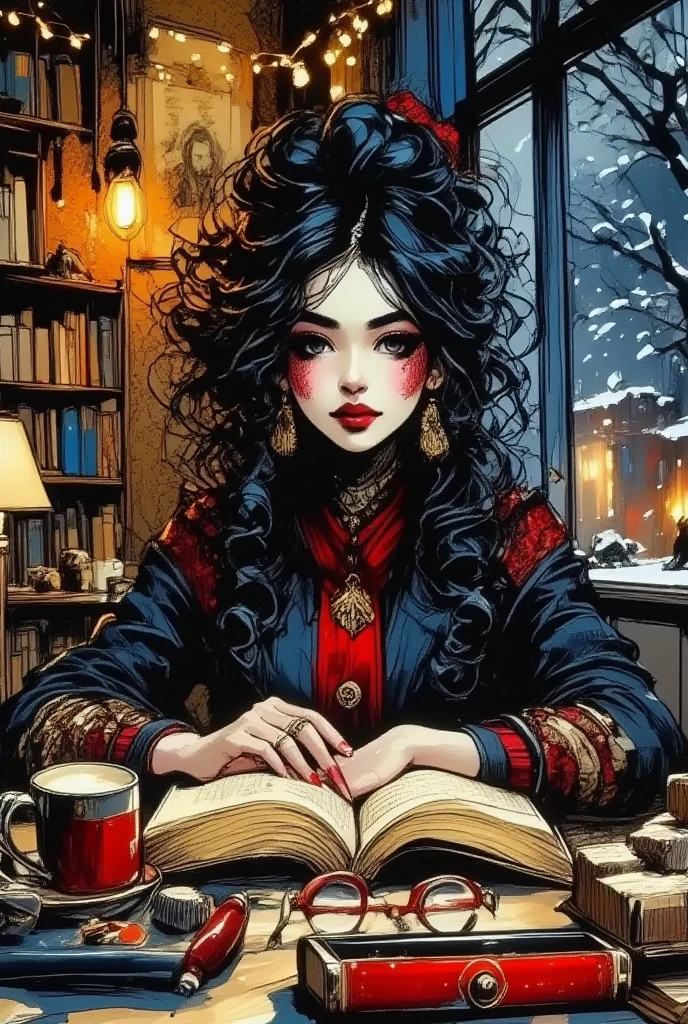 The general plan of a young woman with long black curly hair and blue ...