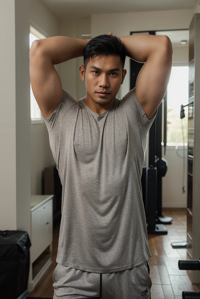 Thai men, good looking, darkly handsome, take off their shirts, show off their muscles, raise one arm, show their armpits.