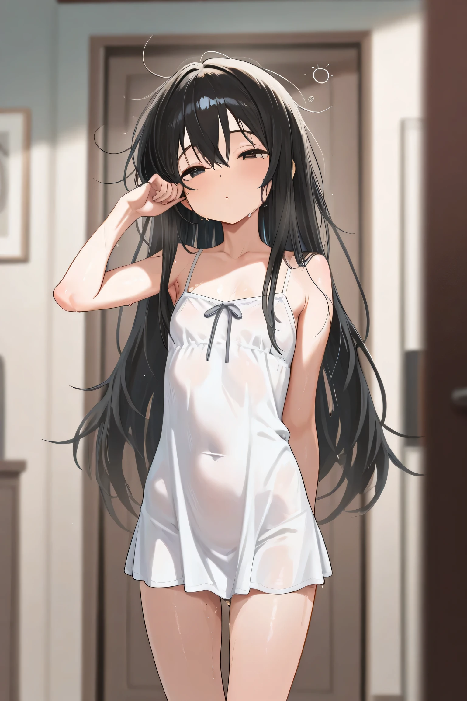 (long straight black hair,Air bangs),(innocent,Big aqua eyes,like a gem),(C cup,Petite stature,Slim waist and big hips,fair skin),(Only wearing a pure white dress,Flat mouth,spaghetti straps,Expose the skin of your hands and thighs),(The length of the dress should not exceed the thigh,You should be able to see the curve of your thighs,Highlight your figure),(Standing,Hands lowered and hidden behind the back,Looks a little shy,but with a smile),(Solid black and gray background)
