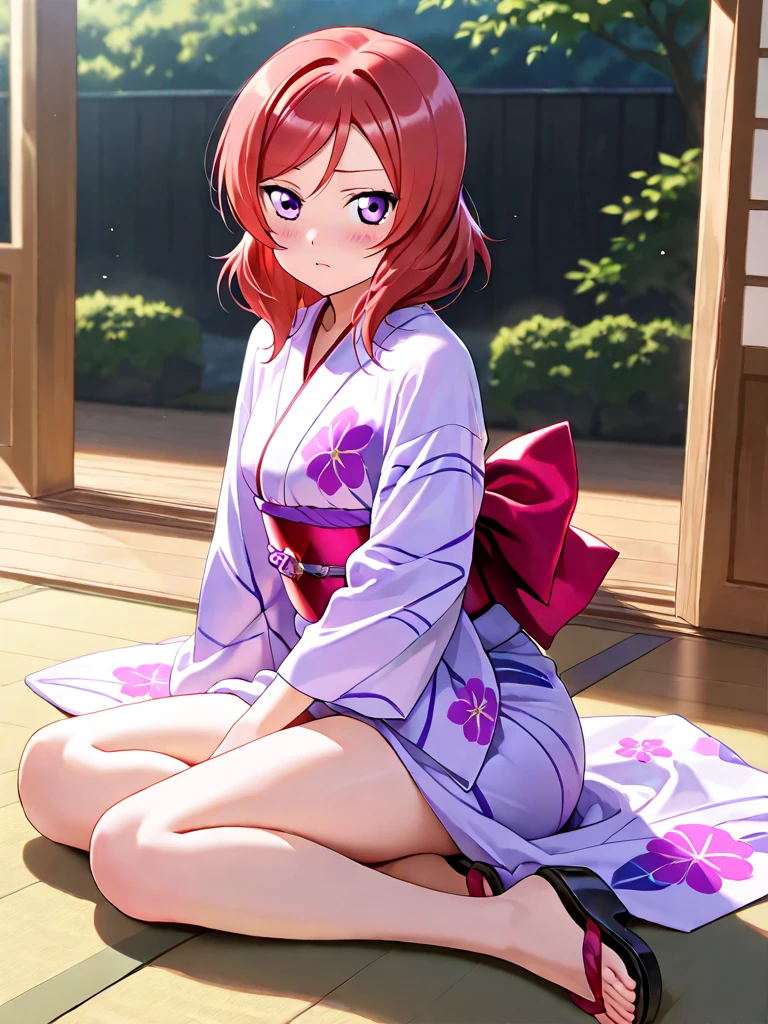 Garota anime ruiva com kimono justo colado ao corpo, kimono purple florado muito lindo e sexy, 16 anos, agachada, sentada com pernas cruzadas, corpo bonito, seios grandes, with your hands behind your head, running your hands through your hair, garota sexy, red hair with braid, gorgeous lighting, sombras suaves, olhos azuis, pernas bonitas, hair with braid, estilo anime, Ranma Chan, Autora Rumiko Takahashi, Baseado em obra de Rumiko Takahashi, Anime Ranma 1/ 2, decote sexy, quadril robusto, corpo inteiro, corpo completo, busto grande, garota jovem com corpo belo e bonito, sandals on the feet, garota 16 anos jovem baixa estatura, vestindo kimono justo purple florado lindo e sexy, garota anime, estilo anime, beautiful feet in sandals, sitting on the floor, viewing angle 45°