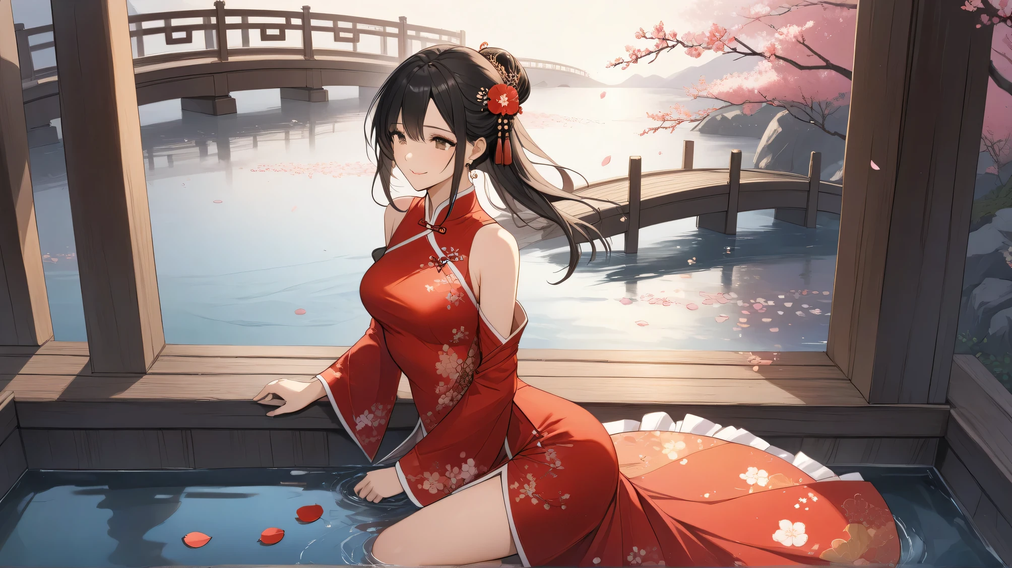 ((4k masterpiece, best quality)) Bismuth ink, painting, wearing Thai clothes, red color(Dress conservatively: 1.3) 1 girl, alone, long black hair, smiling, sitting, feet on the surface of the water, barefoot