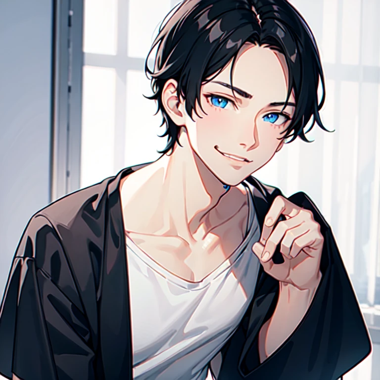boy、、Slim body、Dirty white t-shirt、Black trousers、Purple Bob Hair、Blue Eyes、Dark look、One hand touching the neck、Concrete Room