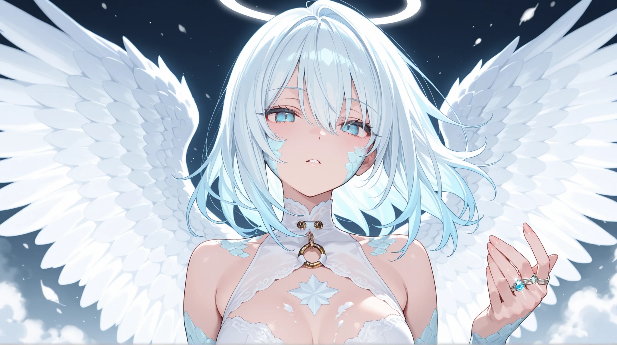 beautiful, masterpiece, Highest quality, anime, One girl, C Cup,Portrait Shot, View your viewers, Intricate details,>,((Covered、Short Hair、nearby、Blue Eyes、art、、White hair,Blue streaked hair、wallpaper、、white_gloves、hairpin、smile、、Angel、Nipples、Thighs、Halo、Wolf Hair、