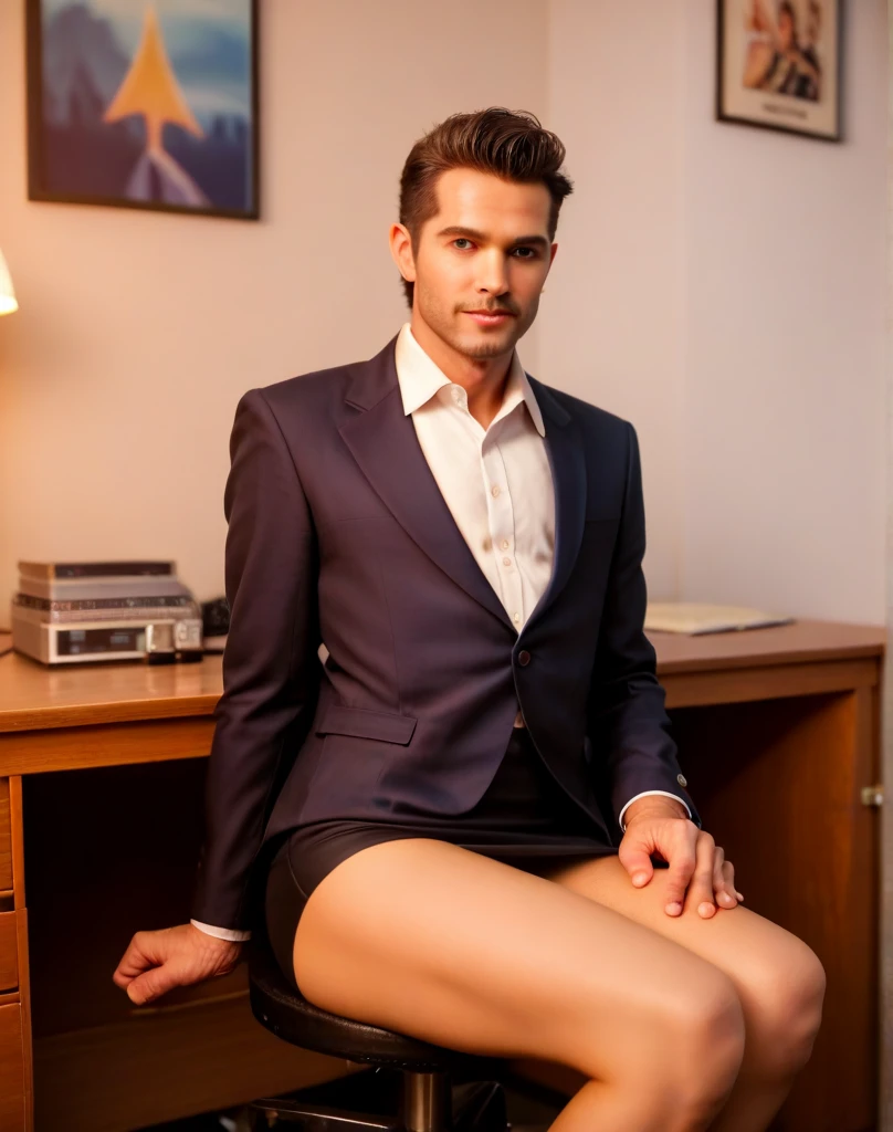A young man,Handsome,well-muscled,Hairy body,white sock,Ultra-thin tights(Detailed eyes:1.3),Naked topless,Nudity Everywhere,Black eyes,massive bulge,Black hairs protruding from the bulge,full body Esbian,Character sitting on a chair with arms raised, Dark hair (neck-length hair tied in a ponytail,), Nice Pose, Handsome man, Pretty Face, royal elegant pose, businessman, (In a striped blazer), (The surrounding environment is a luxurious and classic living room) (Sandtone imagery),big penis,erection