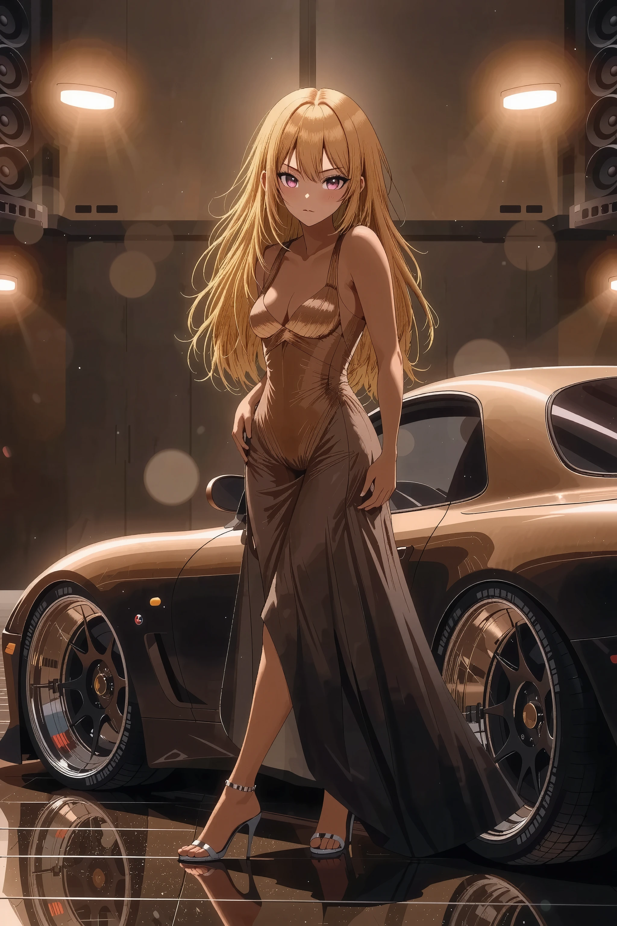 Beautiful woman standing beside a tuned Mazda RX7、 Wide Body Kit 、 Deep Rim Aluminum Wheels 、positive camber、、 brown skin 、 top quality, movie light effect, Stance Nation 、yellow hair