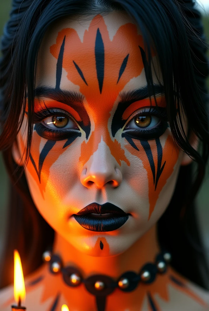 raw photo, masterpiece, n8tr1, thecrumpeffect, 1girl, a girl, a teen, firecore aesthetics. Natrani in her fireincarnation, bodypainted with flames and tiger stripes, radiating intense energy. The sacred heart and lotus-designed third eye prominent, with her attire hinting at a fire theme., <lora:NATRANI:.85>