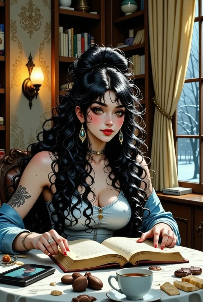 The general plan of a young woman with long black curly hair and blue ...
